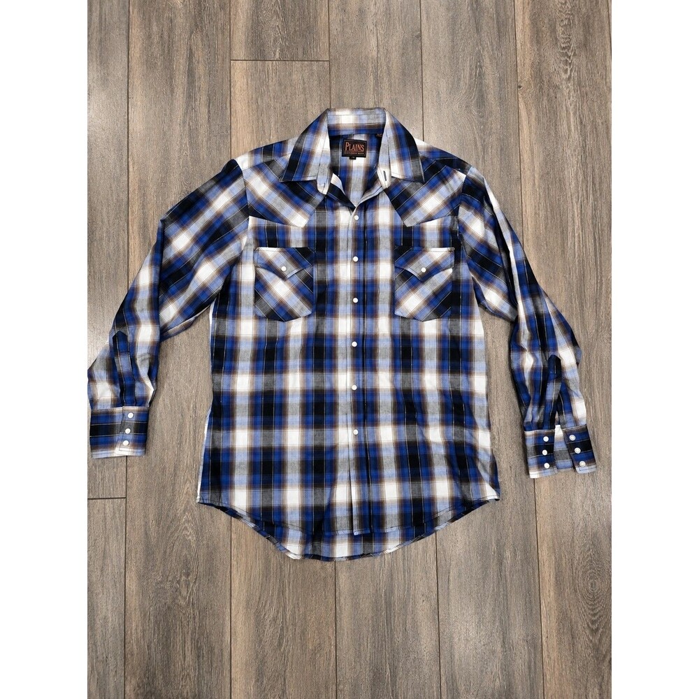 Vintage Plains Western Wear Pearl Snap Plaid Shirt Blue Mens Medium Cowboy